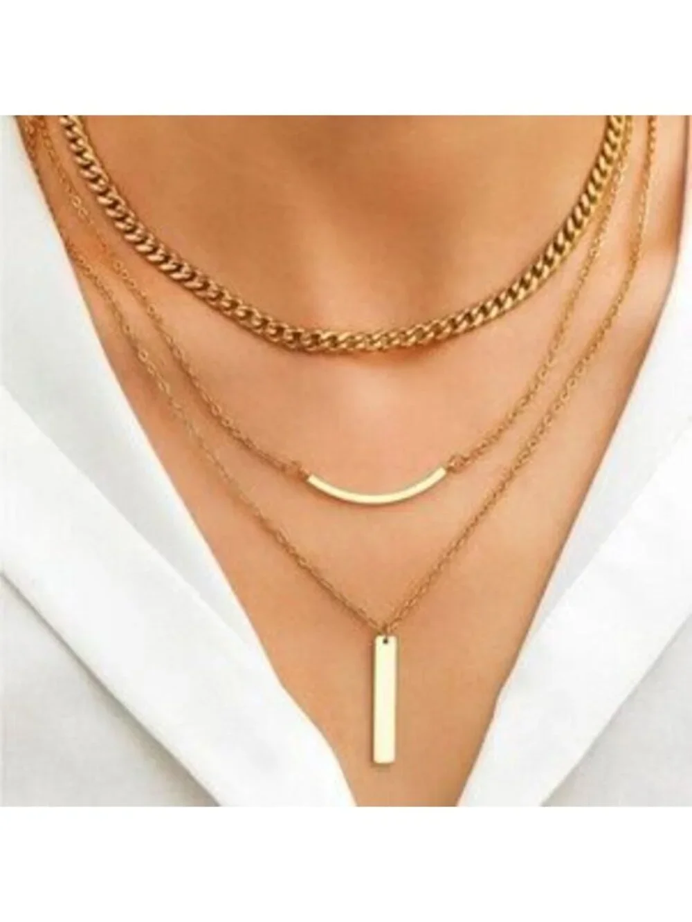 Gold Stainless Steel Bar Chain 1pc Layered Necklace